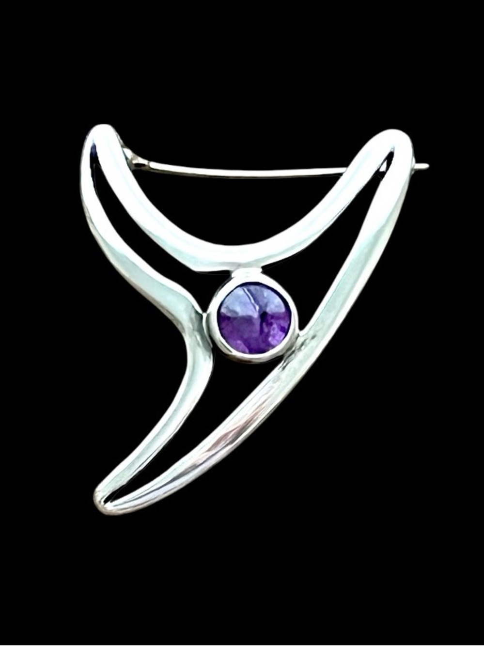 Vintage Taxco 925 Sterling Silver Amethyst Modernist Brooch Pin Mexico